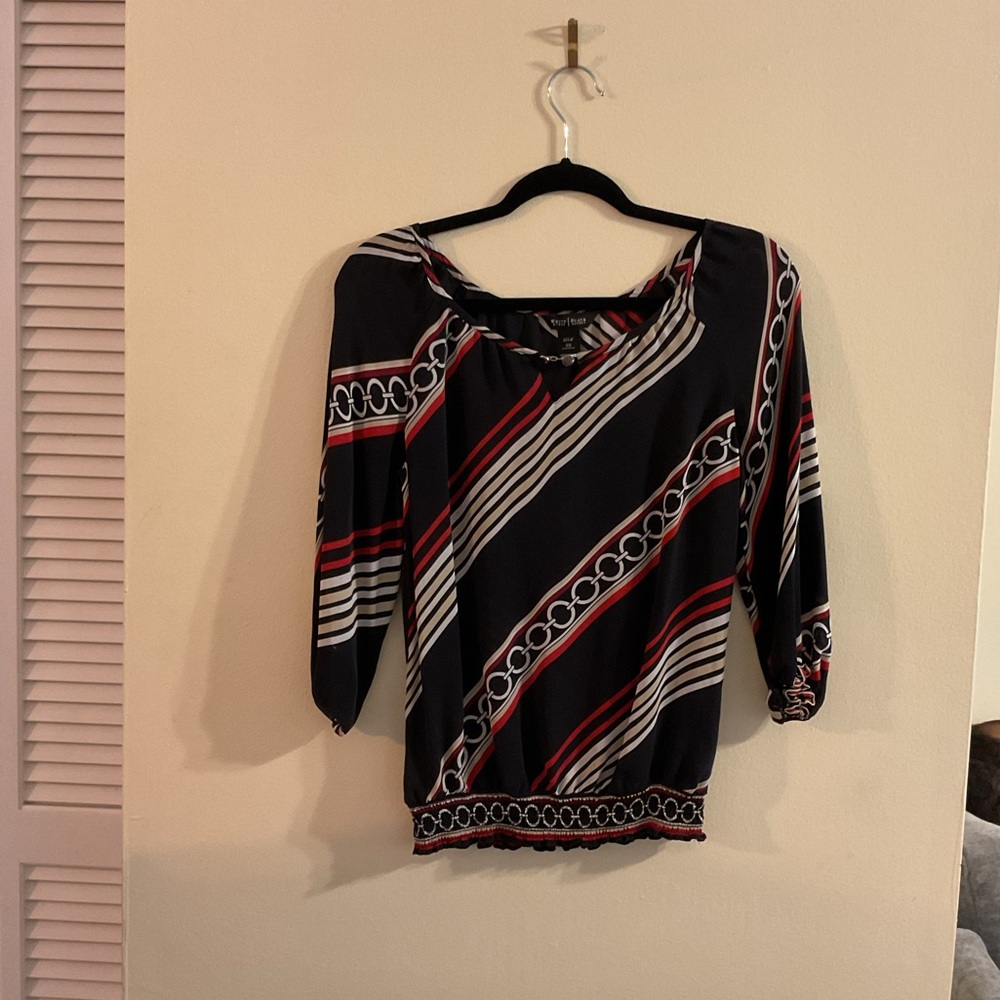 White House Black Market Black and Red Striped Blouse